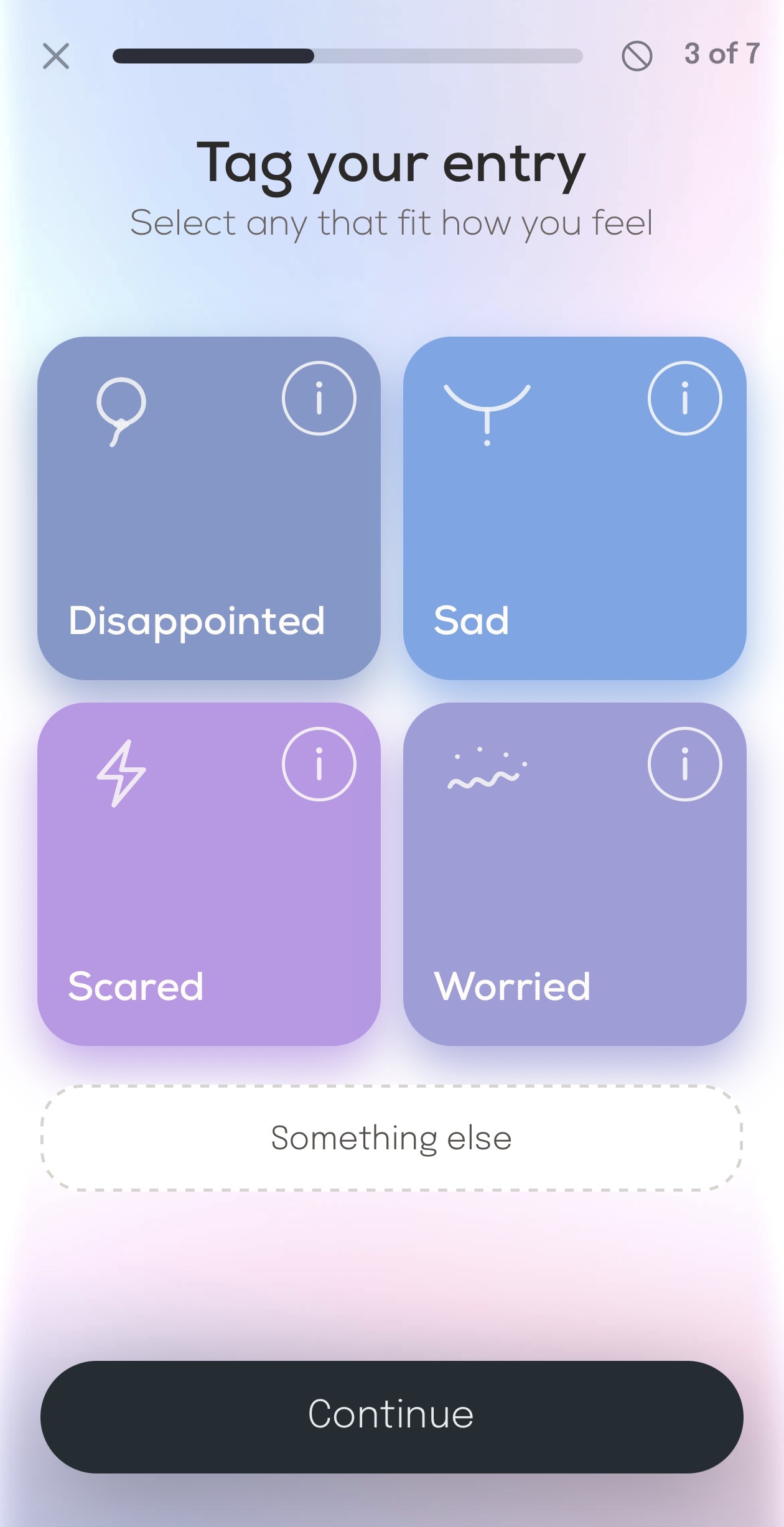 Reflect’s emotion-choice screen, offering suggested feelings and a Something else option.
