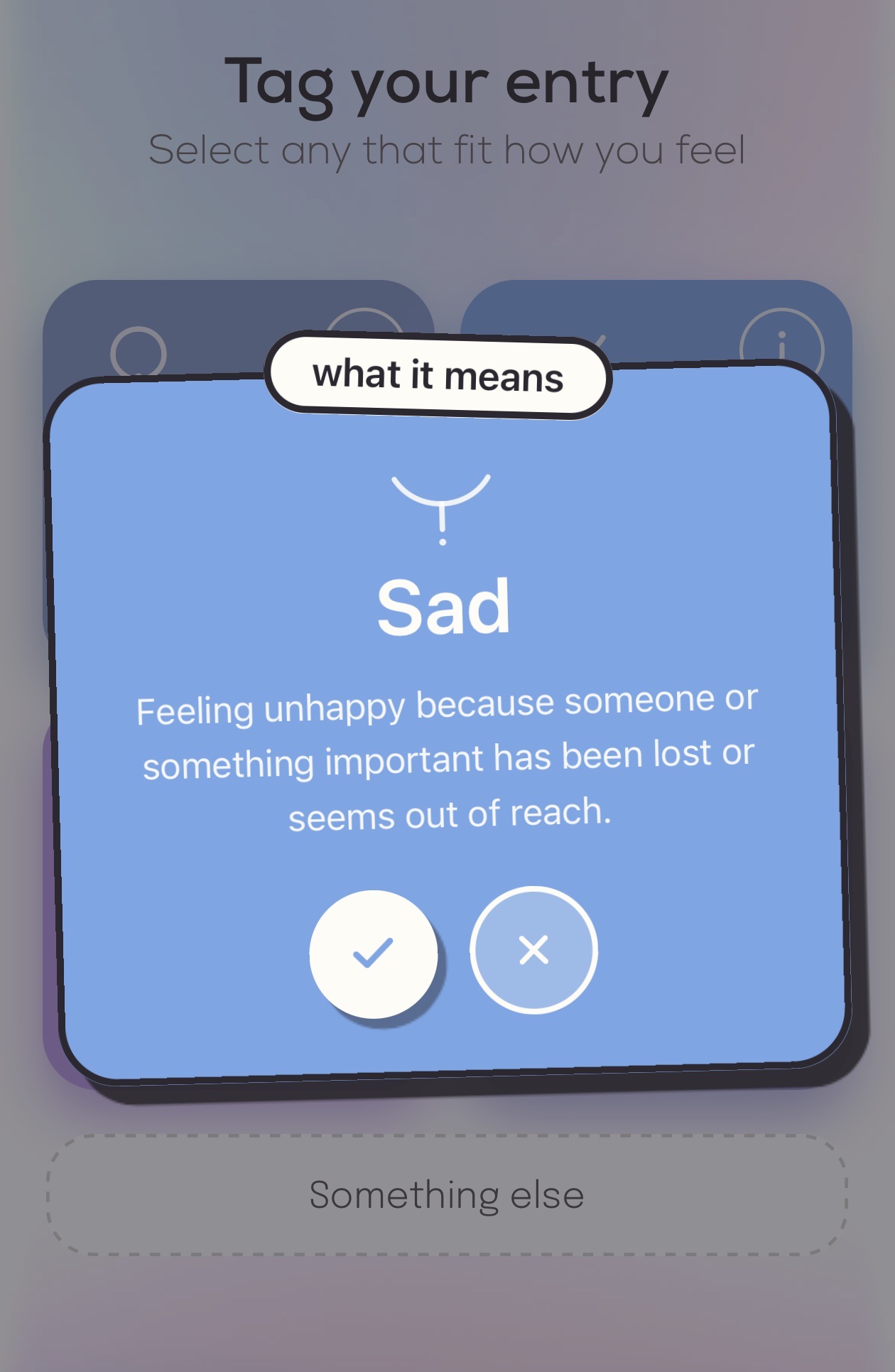 Reflect’s definition of Sad, which a user can read before choosing a feeling.